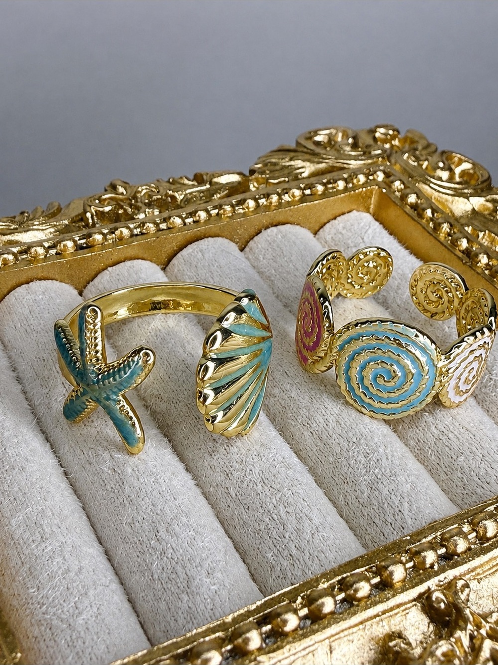 Gold Turquoise Shell & Starfish Adjustable Rings - Picture 3 of 5